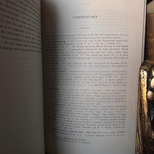 May include: Open book with text titled "COMMENTARY" and "CHAPTER I". The pages are filled with small text, with Greek and Hebrew characters. The book is open on a wooden surface.