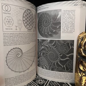 May include: A black and white image of a book open to a page about sacred geometry. The page features diagrams of the Vesica Piscis, Seed of Life, Tree of Life, and Flower of Life. The text on the page discusses the Fibonacci sequence and its relationship to nature.