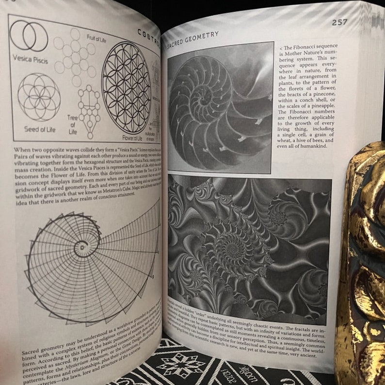 May include: A black and white image of a book open to a page about sacred geometry. The page features diagrams of the Vesica Piscis, Seed of Life, Tree of Life, and Flower of Life. The text on the page discusses the Fibonacci sequence and its relationship to nature.