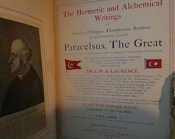 May include: A vintage book cover with a portrait of a man on the left and text on the right. The text reads "The Hermetic and Alchemical Writings of Aureolus Phillippus Theophrastus Bombast of Hohenheim, Called Paracelsus, The Great." The book is titled "The Great Book of Magical Art, Hindu Magic and East Indian Occultism."
