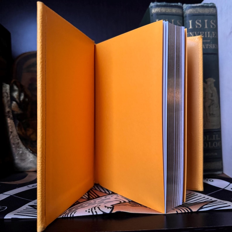 May include: An open book with vibrant orange pages and a matching cover. The pages have a gold gilded edge. The book is standing upright on a dark surface, with other books visible in the background.