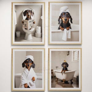 Dachshund Dog Bathroom prints | Sausage dog on toilet & the bath tub posters | Doxie wall art bathroom decor for dog lovers - DIGITAL PACK