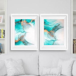 Teal and Gold Wall Art, Marble Abstract Art set of 2, Teal Gold abstract, Turquoise Gold Marble Art Prints, Teal Abstract wall art - DIGITAL