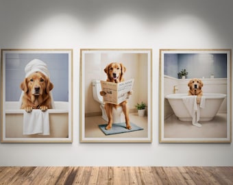 May include: Three framed photographs of a golden retriever dog in a bathroom setting. The dog is wearing a towel on its head in the first photo, reading a newspaper in the second photo, and taking a bath in the third photo.