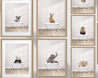 Safari Animals in tubs Bathroom Art, Safari Animal bathroom art, Kid Bathroom decor art Prints, Children's Bathroom Wall art - POSTER PRINTS