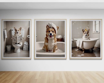 May include: Three framed prints of a corgi dog in different bathroom settings. The first print shows the corgi sitting on a toilet reading a newspaper. The second print shows the corgi sitting in a bathtub wearing a towel on its head. The third print shows the corgi sitting in a bathtub with a rubber ducky.