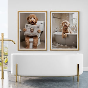 Pode incluir: Duas impressões emolduradas de um cão castanho num ambiente de casa de banho. O cão está sentado num vaso sanitário numa impressão e numa banheira na outra impressão. As impressões estão penduradas numa parede branca.