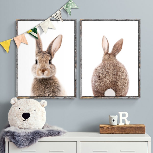 Bunny Front and Back - Set of 2 Prints, Woodland Decor, Baby Animal Art for Nursery, gender neutral baby room decor, wall art -POSTER PRINTS