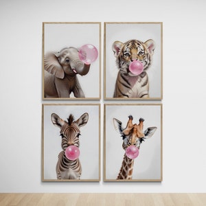 Pósteres de pared con animales bebés soplando chicle, juego de 4 impresiones de animales de safari, decoración de pared con chicle soplando - DESCARGA DIGITAL INSTANTÁNEA