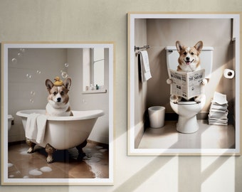 Corgi Bathroom prints set of 2 | Corgi dog on toilet and dog in bath tub posters | Bathroom art for dog lovers - INSTANT DIGITAL DOWNLOAD
