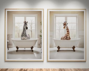 Safari Animals Bathroom prints set of 2 | Zebra and Giraffe in Bathtub, Safari animal bathroom wall art bathroom | INSTANT DIGITAL DOWNLOAD
