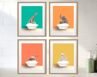 Children's Bathroom Art, Safari Animals in bathtubs, Kids Bathroom Posters, Cute kids Bathroom Wall decor, Bathtub Art - POSTER PRINTS