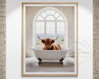 Impresión de vaca de las Tierras Altas, decoración de pared de vaca de las Tierras Altas, vaca de las Tierras Altas en la bañera, arte de pared para baño Decoración de vaca de las Tierras Altas - Digital, Impresión o Lienzo