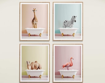 Colorful Kids Bathroom Art, Safari Animals in bathtubs, Kids Bathroom art Prints, Children's Bathroom Wall decor - INSTANT DIGITAL DOWNLOAD