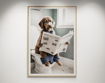 Labradoodle on Toilet, Bathroom Art for Doodle dog owners, cute kids bathroom art, dog on toilet reading newspaper -Digital, Print or Canvas