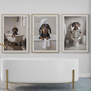 Dachshund Dog on Toilet & Dog in Bath Tub Posters | Fun Bathroom Wall ...
