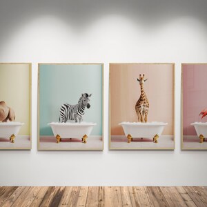 Colorful Kids Bathroom Art, Safari Animals in Bathtubs, Kids Bathroom ...
