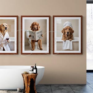 golden retriever wall art ideas for the kids bathroom decor, golden retriever on toilet reading newspaper print, posters for kids bathroom, wall art for golden retriever owners families, golden retriever art posters