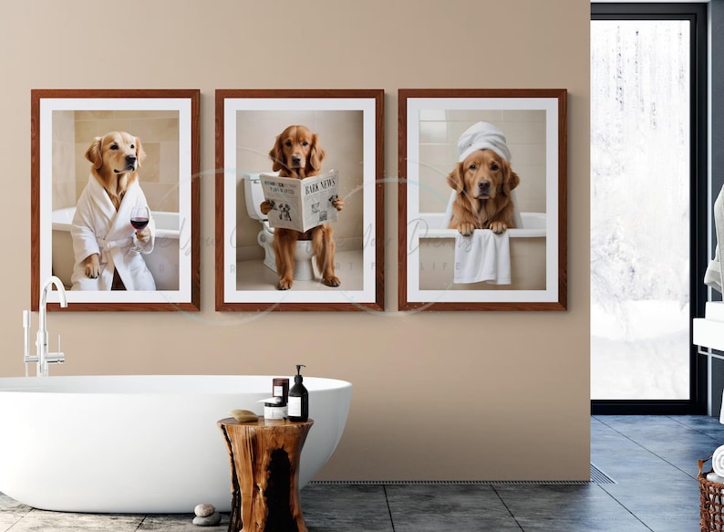 golden retriever wall art ideas for the kids bathroom decor, golden retriever on toilet reading newspaper print, posters for kids bathroom, wall art for golden retriever owners families, golden retriever art posters