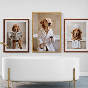 golden retriever wall art ideas for the kids bathroom decor, golden retriever on toilet reading newspaper print, posters for kids bathroom, wall art for golden retriever owners families, golden retriever art posters