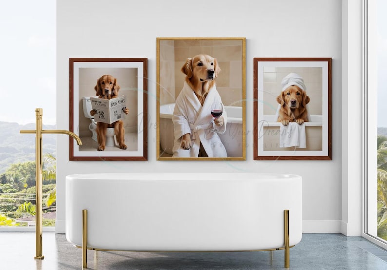 golden retriever wall art ideas for the kids bathroom decor, golden retriever on toilet reading newspaper print, posters for kids bathroom, wall art for golden retriever owners families, golden retriever art posters