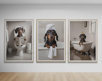 Dachshund Bathroom prints | Weiner dog on toilet and dog in bath tub posters | Bathroom art for dachshund lovers set of 3 - DIGITAL DOWNLOAD