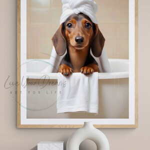 Dachshund Bathroom prints | Weiner dog on toilet, dog in bathtub posters | Bathroom art for dachshund lovers , Dachshund in Bathroom Prints | Sausage dog on toilet wall art, doxie in bath tub |   dachshund dog owners