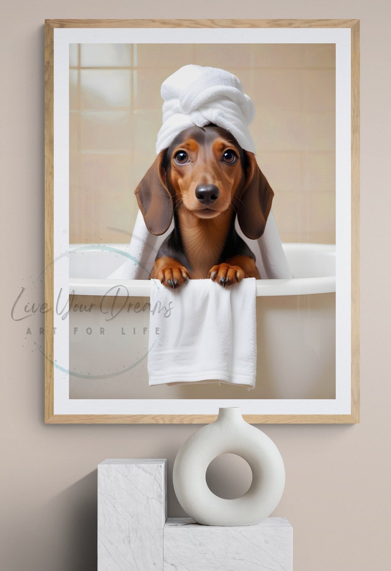 Dachshund Bathroom prints | Weiner dog on toilet, dog in bathtub posters | Bathroom art for dachshund lovers , Dachshund in Bathroom Prints | Sausage dog on toilet wall art, doxie in bath tub |   dachshund dog owners