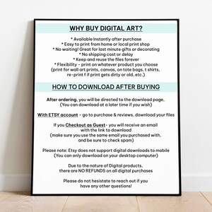 Puede incluir: Una hoja de informaci&oacute;n sobre arte digital en blanco y azul con el t&iacute;tulo "&iquest;Por qu&eacute; comprar arte digital?" y "C&oacute;mo descargar despu&eacute;s de comprar". La hoja explica los beneficios de comprar arte digital, como el acceso instant&aacute;neo, la ausencia de costes de env&iacute;o y la posibilidad de imprimir tantas veces como sea necesario. Tambi&eacute;n proporciona instrucciones sobre c&oacute;mo descargar el arte digital despu&eacute;s de la compra.