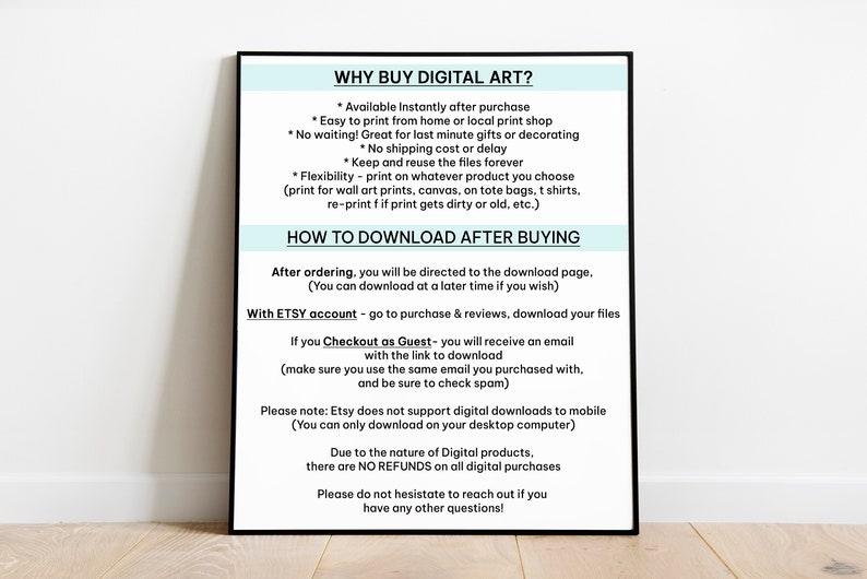 Puede incluir: Una hoja de informaci&oacute;n sobre arte digital en blanco y azul con el t&iacute;tulo "&iquest;Por qu&eacute; comprar arte digital?" y "C&oacute;mo descargar despu&eacute;s de comprar". La hoja explica los beneficios de comprar arte digital, como el acceso instant&aacute;neo, la ausencia de costes de env&iacute;o y la posibilidad de imprimir tantas veces como sea necesario. Tambi&eacute;n proporciona instrucciones sobre c&oacute;mo descargar el arte digital despu&eacute;s de la compra.