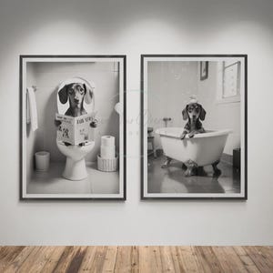 Dachshund Bathroom prints | Weiner dog on the toilet reading newspaper, Dachshund taking bath, Black & White bathroom art - DIGITAL DOWNLOAD