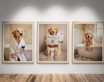 May include: Three framed prints of a golden retriever dog in a bathroom setting. The dog is wearing a white bathrobe, reading a newspaper, and taking a bath.