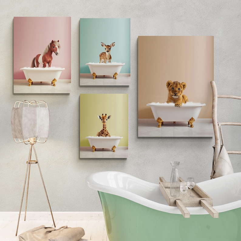 Childrens Bathroom Art Prints, Baby Safari Animals in Bathtubs, Kids