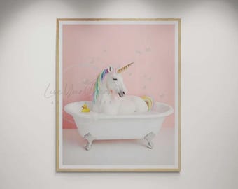 Pink Unicorn in Bathtub Art Print: Girls Bathroom Decor (Digital Download)