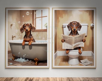 Brown Dachshund Bathroom prints set of 2 |Dachshund dog on toilet and dog in bath tub posters -  digital painting - INSTANT DIGITAL DOWNLOAD