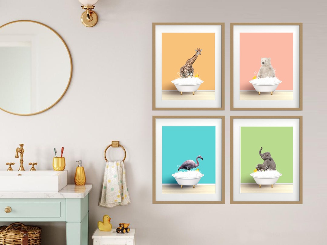 Kids Bathroom Art, Safari Animals in Bathtubs, Kids Bathroom Art Prints ...