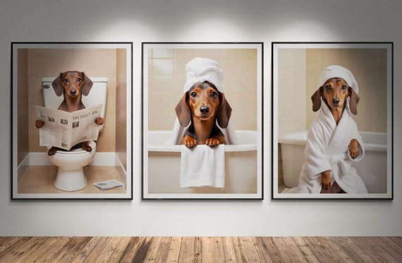 Dachshund Bathroom prints | Brown sausage dog on toilet and dog in bath tub posters | Bathroom art for kids in set of 3 - DIGITAL DOWNLOAD