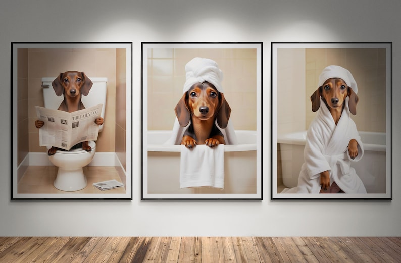 Dachshund Bathroom prints | Weiner dog on toilet, dog in bathtub posters | Bathroom art for dachshund lovers , Dachshund in Bathroom Prints | Sausage dog on toilet wall art, doxie in bath tub |   dachshund dog owners