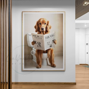 golden retriever wall art ideas for the kids bathroom decor, golden retriever on toilet reading newspaper print, posters for kids bathroom, wall art for golden retriever owners families, golden retriever art posters
