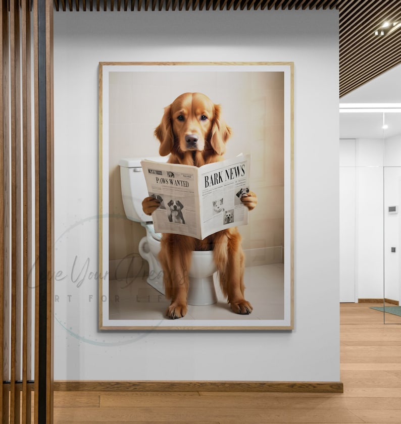 golden retriever wall art ideas for the kids bathroom decor, golden retriever on toilet reading newspaper print, posters for kids bathroom, wall art for golden retriever owners families, golden retriever art posters