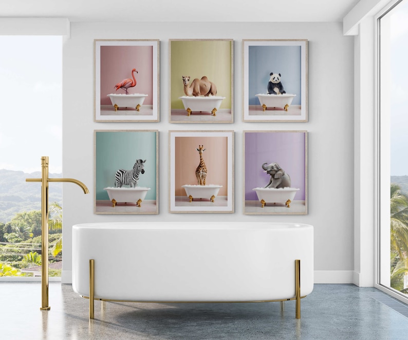 Childrens Bathroom Art Prints, Baby Safari Animals in Bathtubs, Kids