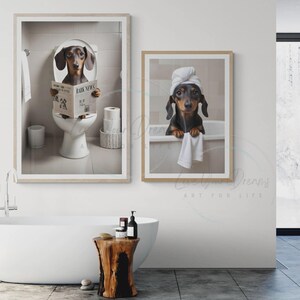 Dachshund Dog on Toilet & Dog in Bath Tub Posters | Fun Bathroom Wall ...