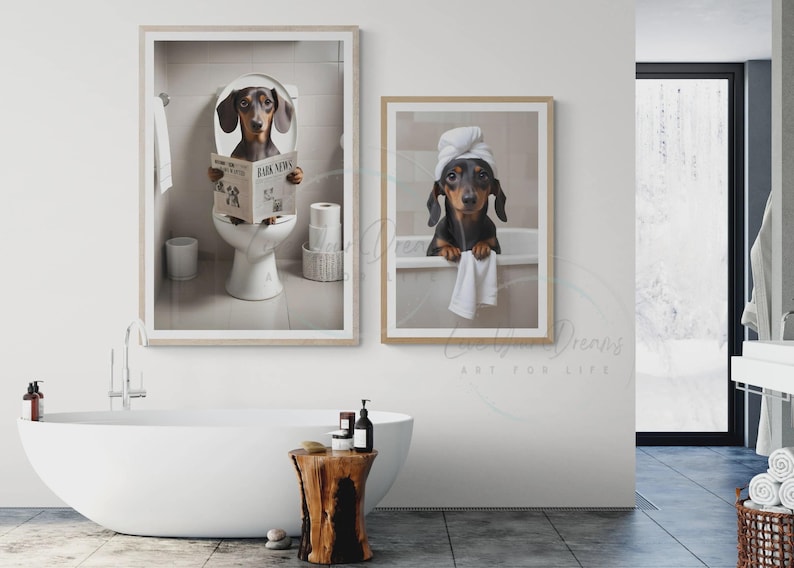 Dachshund Dog on Toilet & Dog in Bath Tub Posters | Fun Bathroom Wall ...
