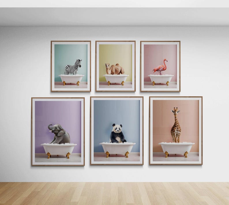 Kids Bathroom Art, Colorful Animals in Bathtubs, Childrens Bathroom Art ...