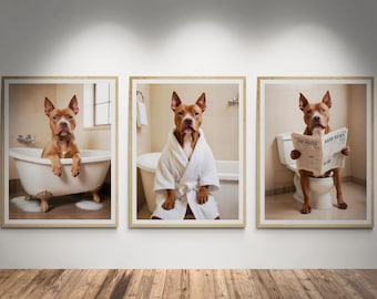ピットブルのウォールアートプリント｜トイレにいるピットブル犬とバスタブにいる犬のポスター｜ピットブルの飼い主のためのバスルームアート3枚セット - デジタルダウンロード
