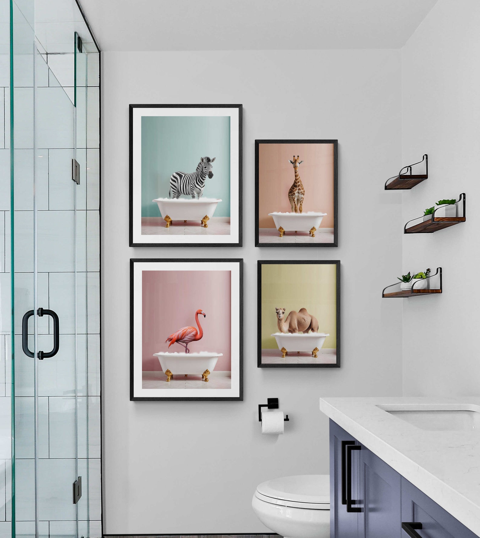 Children's Bathroom Wall Art | Safari Animals in Bathtubs | Colorful