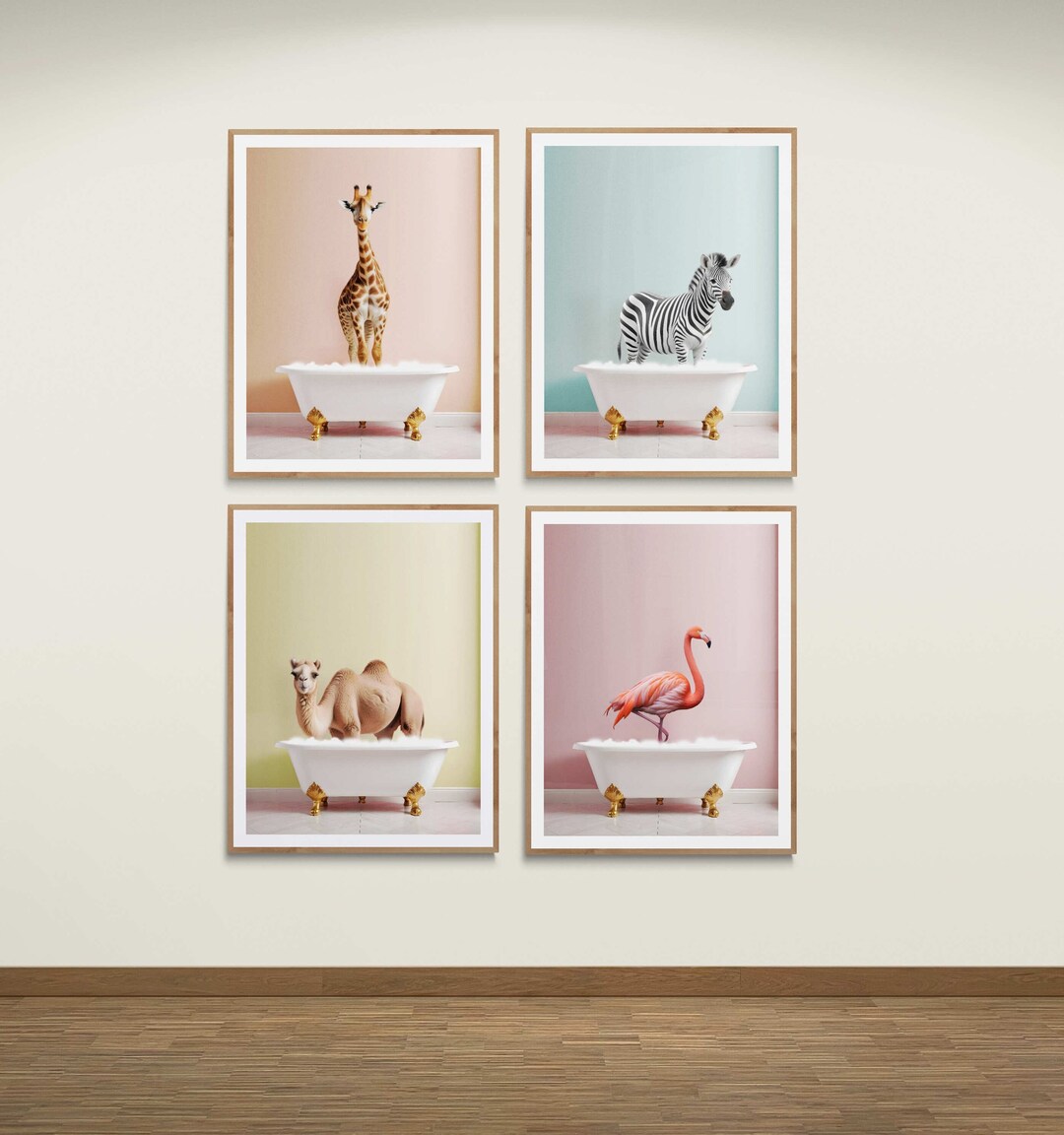 Colorful Kids Bathroom Art, Safari Animals in Bathtubs, Kids Bathroom
