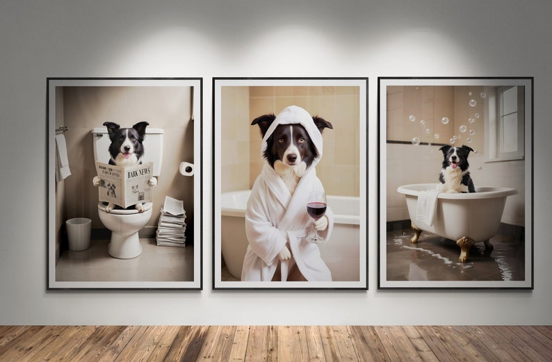 Border Collie Bathroom prints set of 3 | dog on toilet and dog in bath tub posters | Bathroom art for dog lovers - INSTANT DIGITAL DOWNLOAD