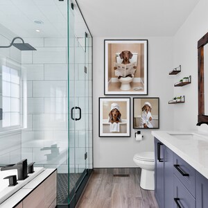 Dachshund Bathroom prints | Weiner dog on toilet, dog in bathtub posters | Bathroom art for dachshund lovers , Dachshund in Bathroom Prints | Sausage dog on toilet wall art, doxie in bath tub |   dachshund dog owners