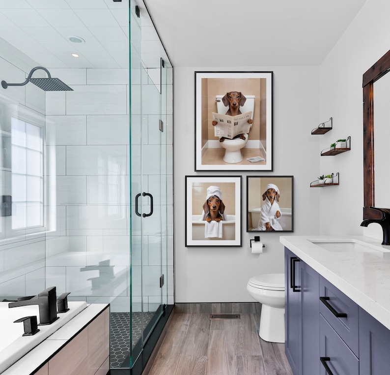 Dachshund Bathroom prints | Weiner dog on toilet, dog in bathtub posters | Bathroom art for dachshund lovers , Dachshund in Bathroom Prints | Sausage dog on toilet wall art, doxie in bath tub |   dachshund dog owners
